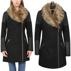 Faux Fur PU Leather Long Biker Jacket Coat